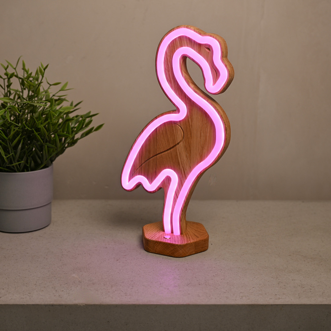 Lignulux DUAL-COLOR Frank der Flamingo - LED Neonlampe (Pink & Warmweiss) aus Eichenholz