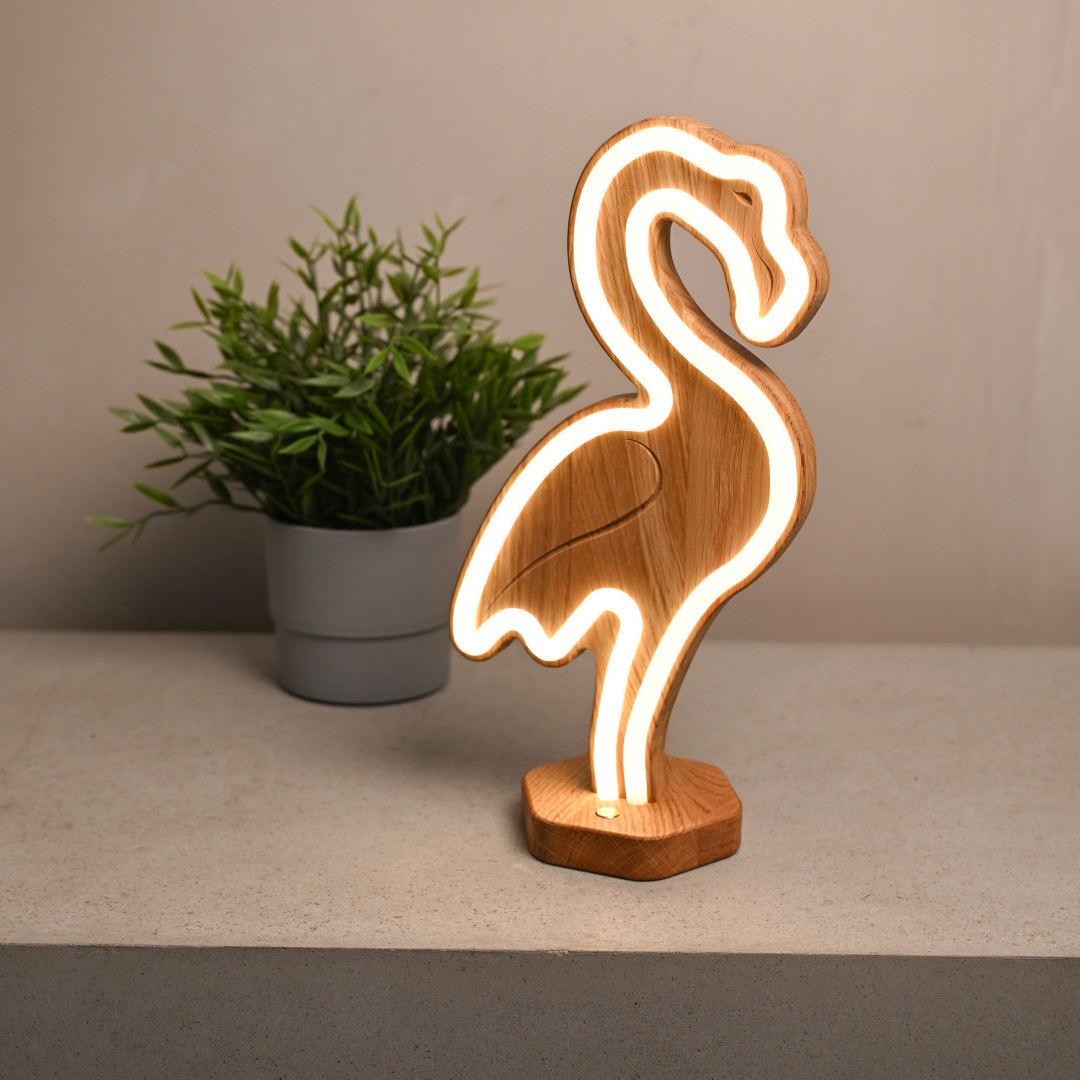 Lignulux DUAL-COLOR Frank der Flamingo - LED Neonlampe (Pink & Warmweiss) aus Eichenholz