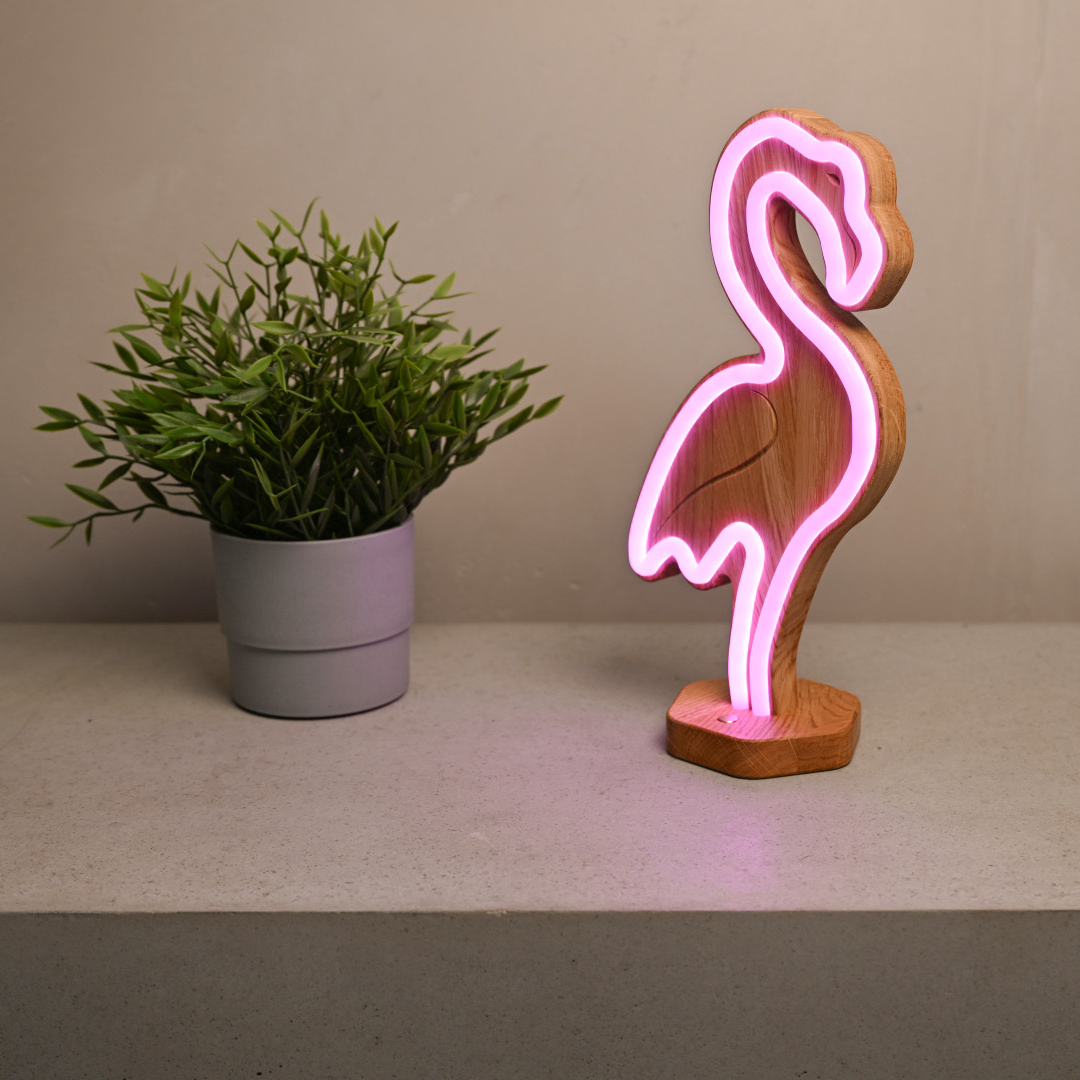 Lignulux DUAL-COLOR Frank der Flamingo - LED Neonlampe (Pink & Warmweiss) aus Eichenholz