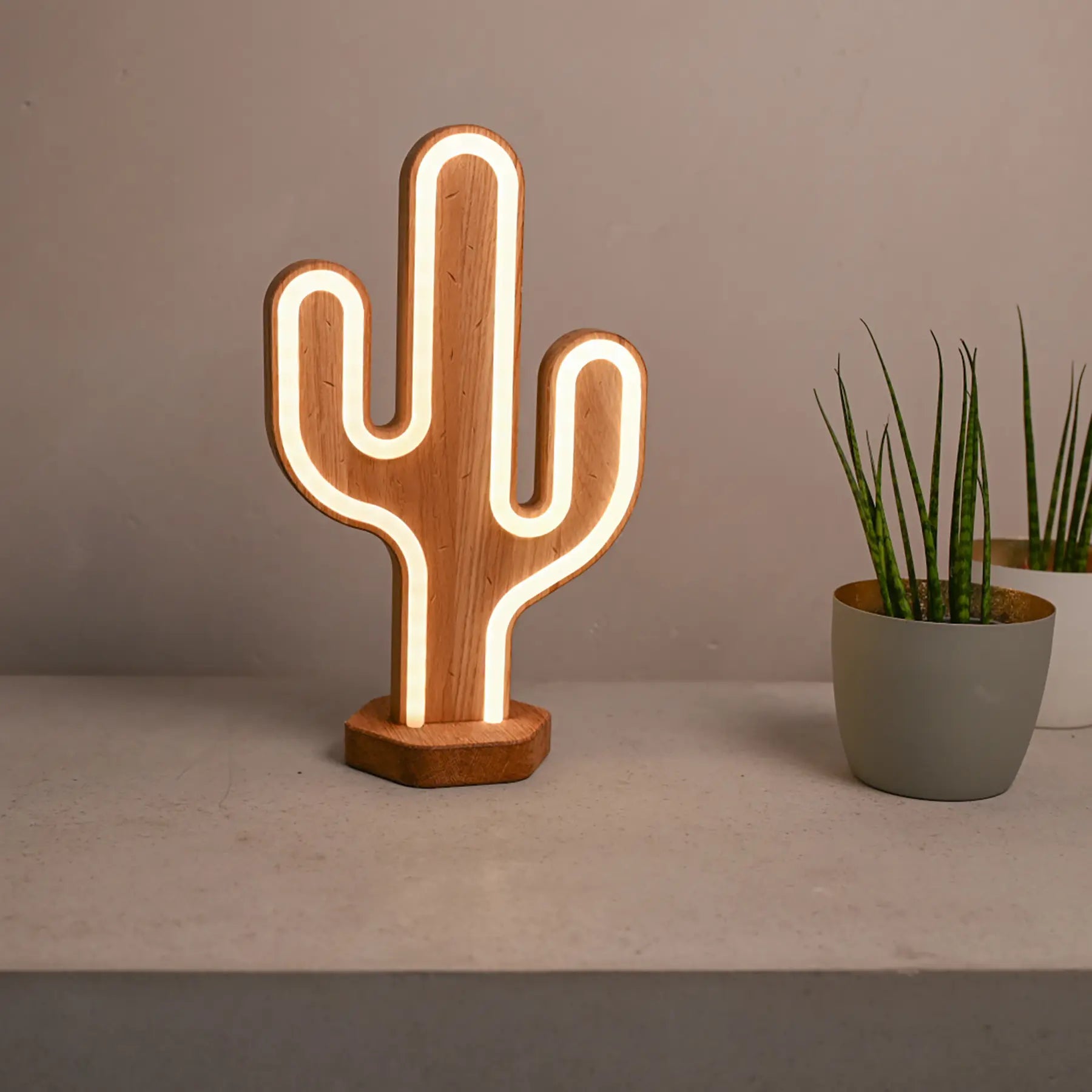 Kaktus LED Lampe Holz Eiche