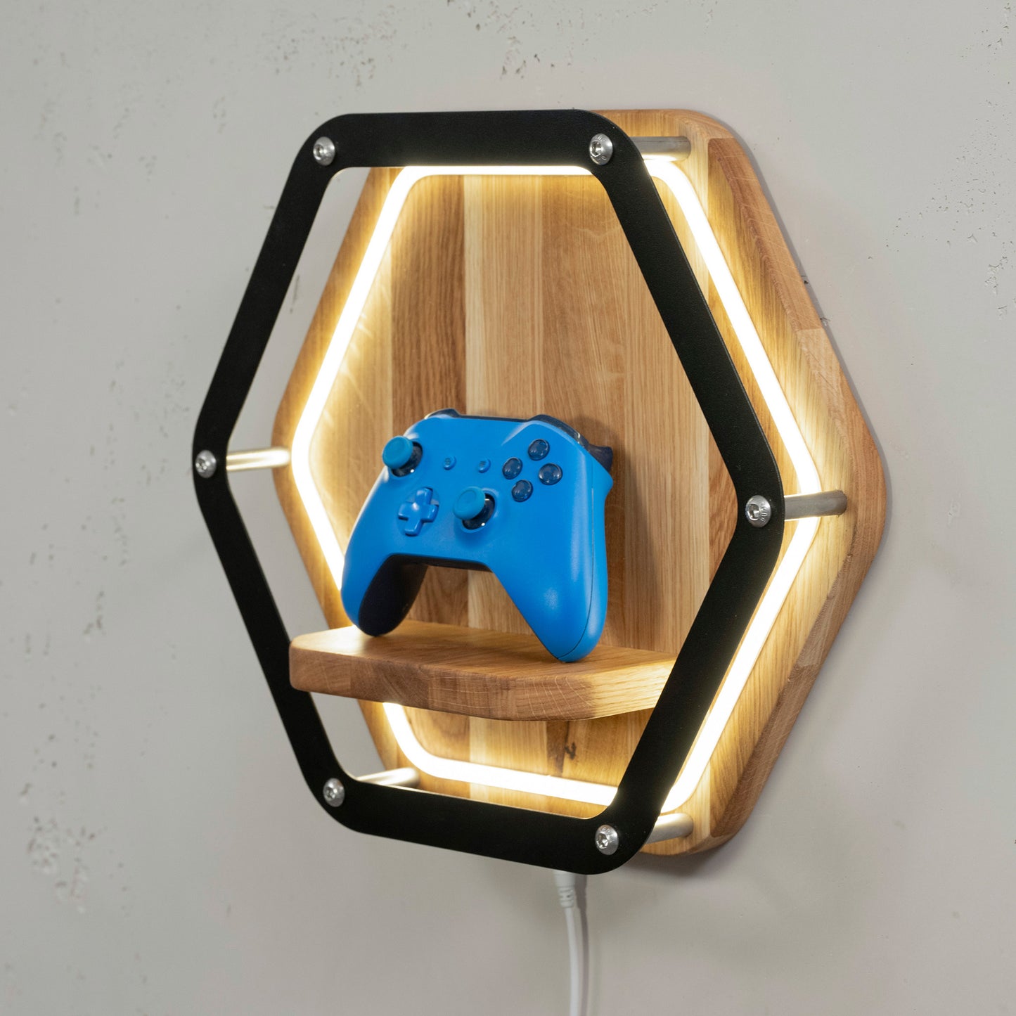 Luminara Wandpodest aus Eichenholz und schwarzem Metall mit LED - gedimmt beleuchtet mit Controller