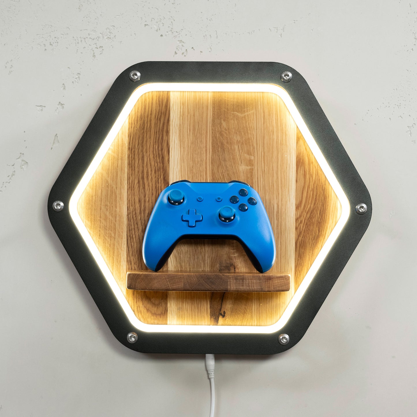 Luminara Wandpodest aus Eichenholz und schwarzem Metall mit LED - beleuchtet mit Controller