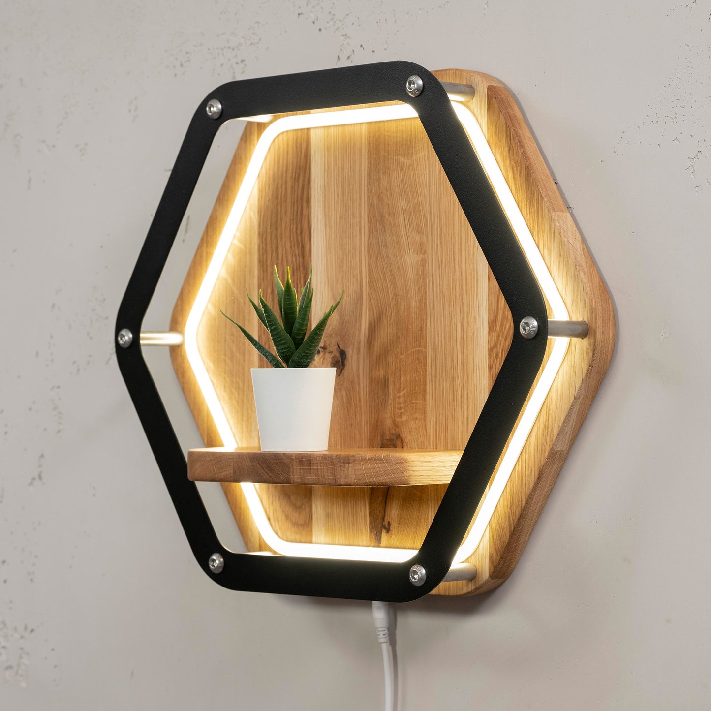 Luminara Wandpodest aus Eichenholz und schwarzem Metall mit LED - mit Pflanze
