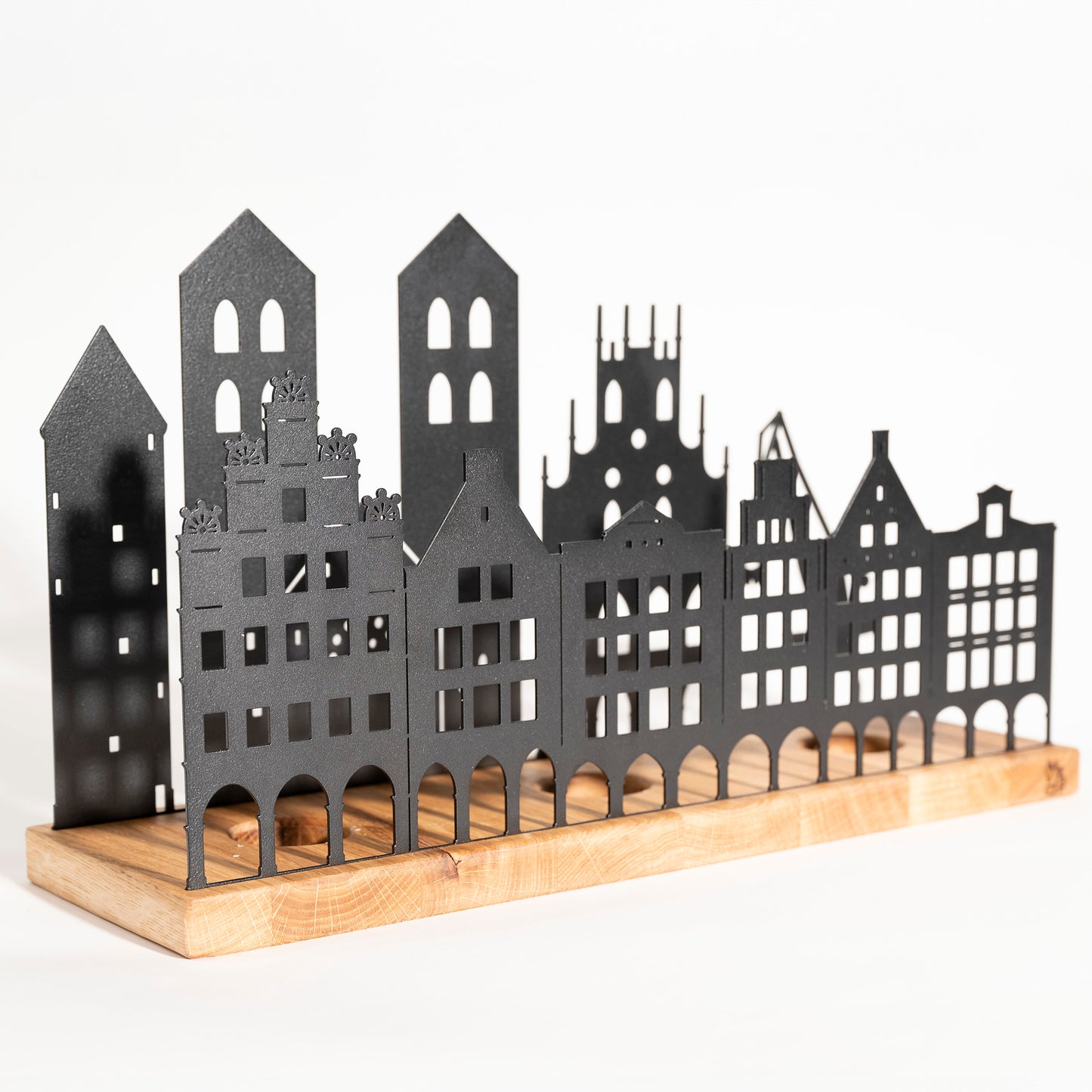 Münster Skyline Teelichthalter - Eichenholz und Metall (Schwarz) - Vorderseite