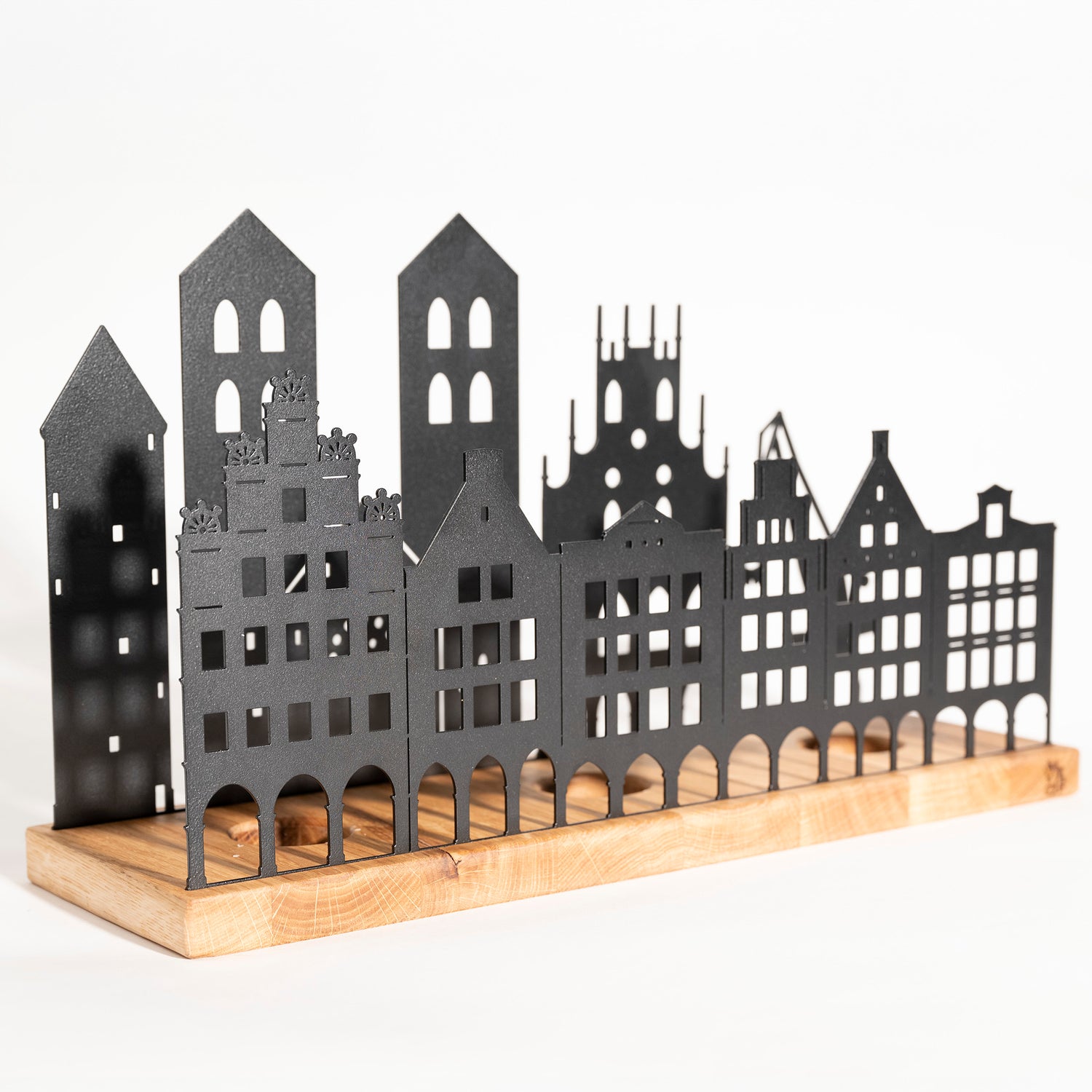 Münster Skyline Teelichthalter - Eichenholz und Metall (Schwarz) - Vorderseite