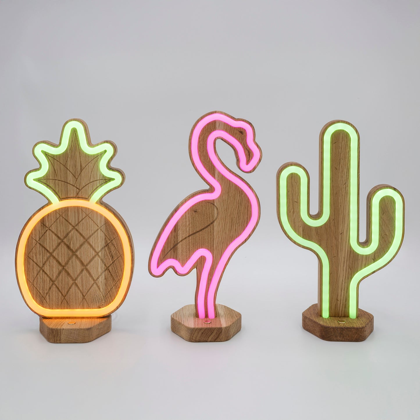 Lignulux Tropisches Trio - Eichenholz LED Lampen - Ananas, Flamingo, Kaktus