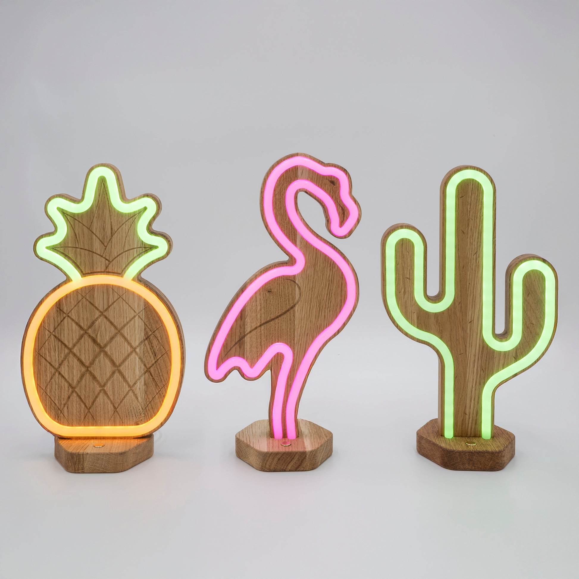 Lignulux Tropisches Trio - Eichenholz LED Lampen - Ananas, Flamingo, Kaktus