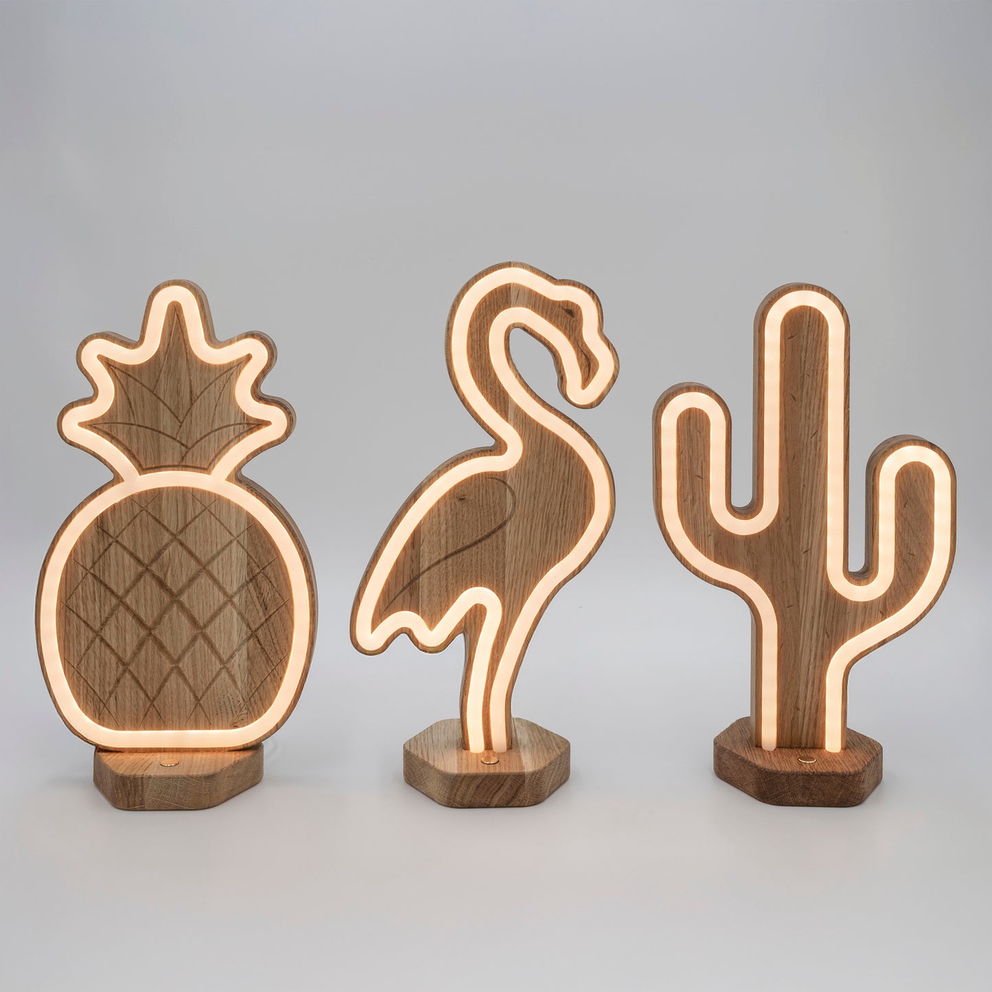 Lignulux Tropisches Trio - Flamingo, Ananas, Kaktus - Eichenholz Warmweiß LED