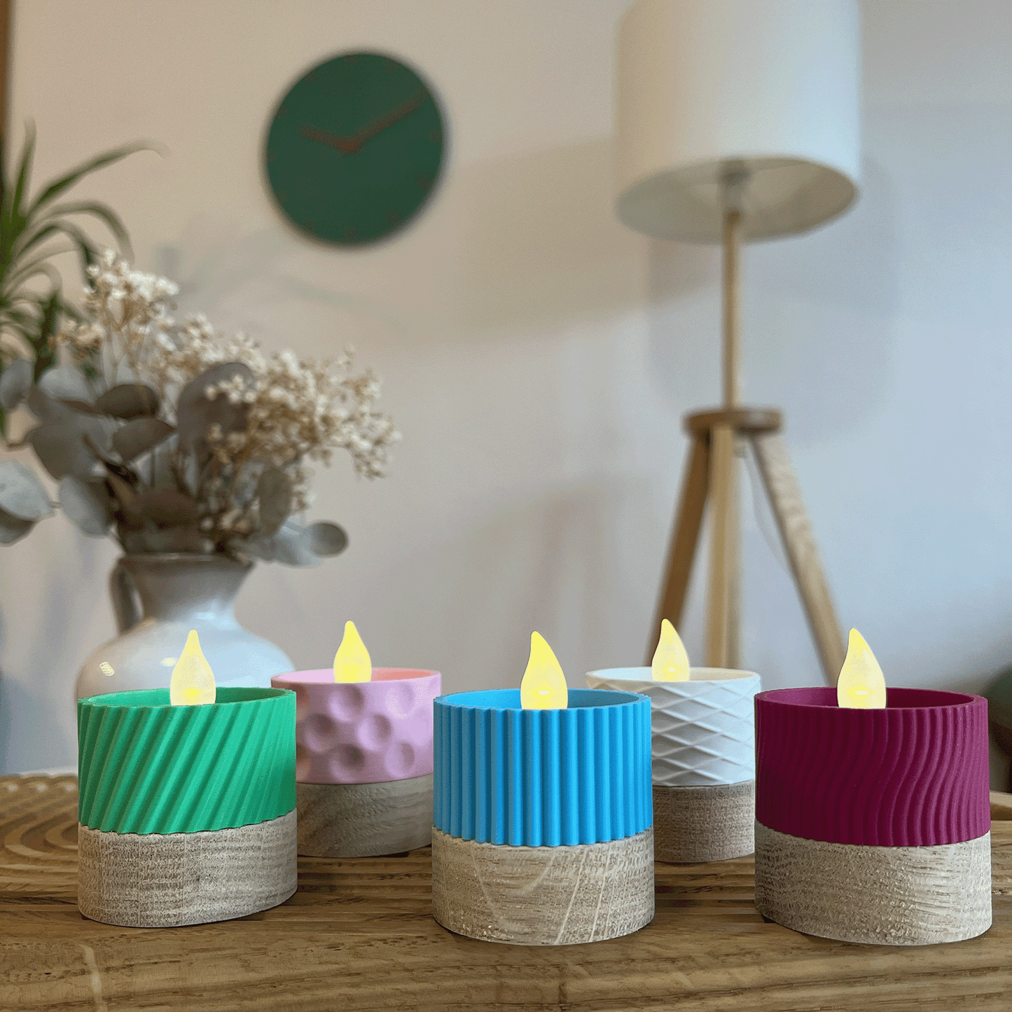 Columina "Wavy" – Design LED-Teelichthalter aus Holz und 3D-Druck