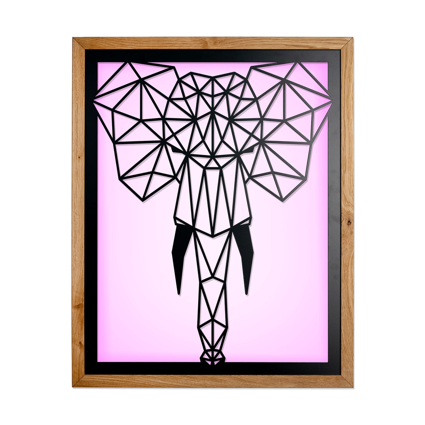 Prismis Wandbild Stahl Schwarz und Eichenholzrahmen - Elefant - Violett mit LED Beleuchtung