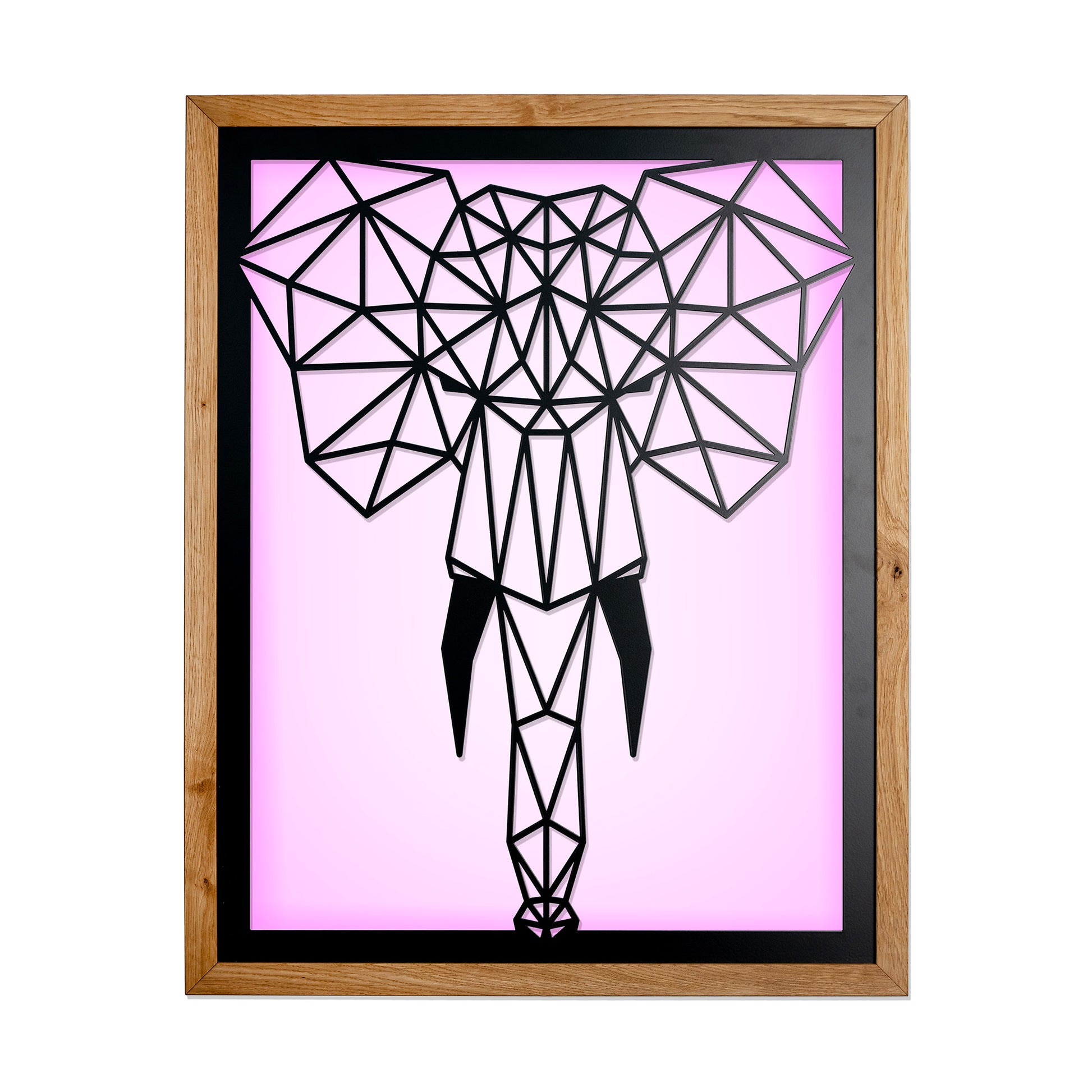 Prismis Wandbild Stahl Schwarz und Eichenholzrahmen - Elefant - Violett mit LED Beleuchtung