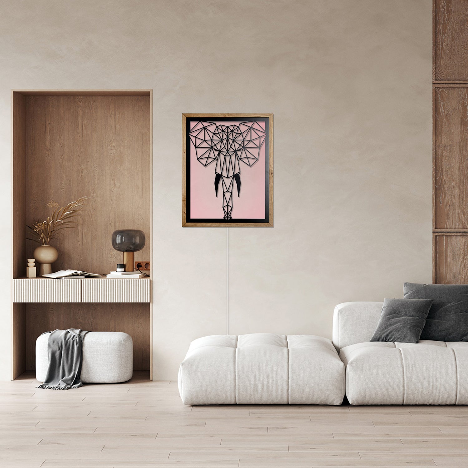 Prismis Wandbild Stahl Schwarz und Eichenholzrahmen - Elefant - mit LED Beleuchtung Rosa