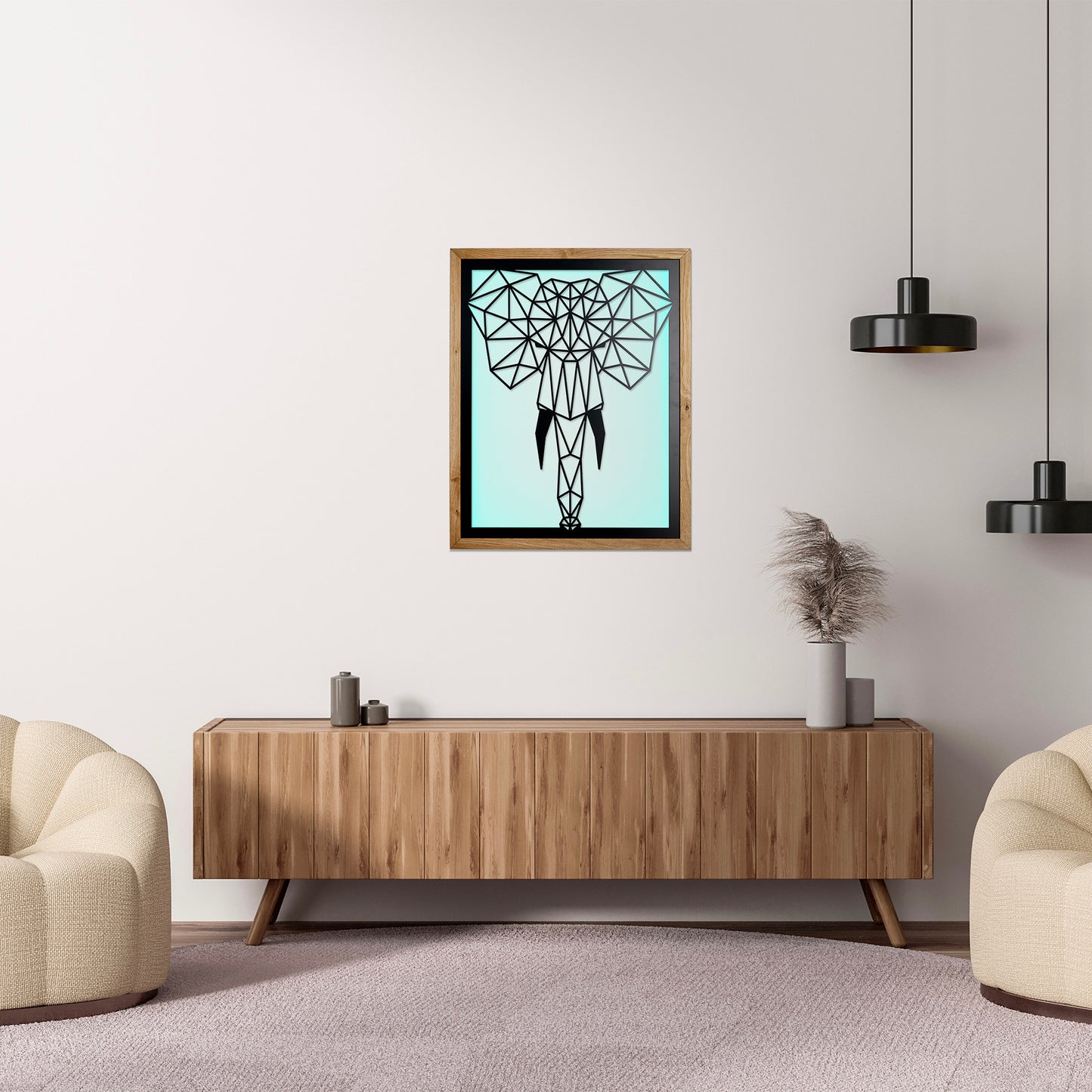 Prismis Wandbild Stahl Schwarz und Eichenholzrahmen - Elefant - Wohnzimmer