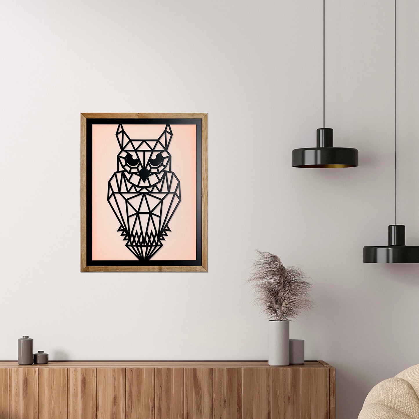 Herren des Waldes- Prismis LED Wandkunst aus Stahl und Eiche - Hirsch & Eule
