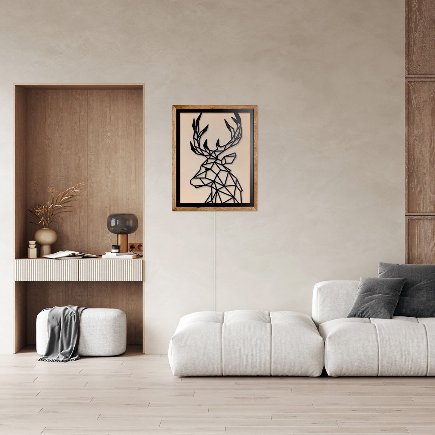 Prismis Wandbild Stahl Schwarz und Eichenholzrahmen - Hirsch - Wohnzimmer mit LED Beleuchtung