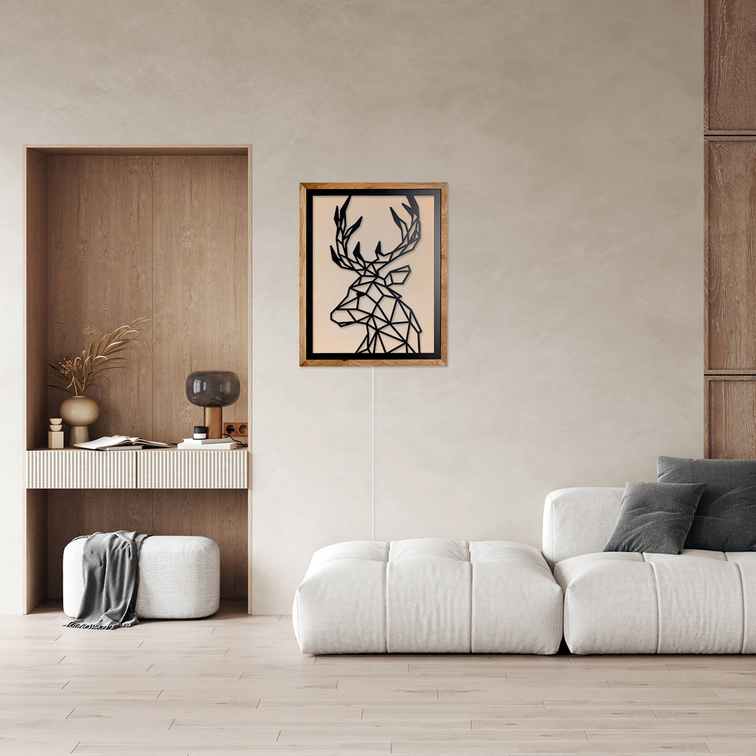 Prismis Wandbild Stahl Schwarz und Eichenholzrahmen - Hirsch - Wohnzimmer mit LED Beleuchtung