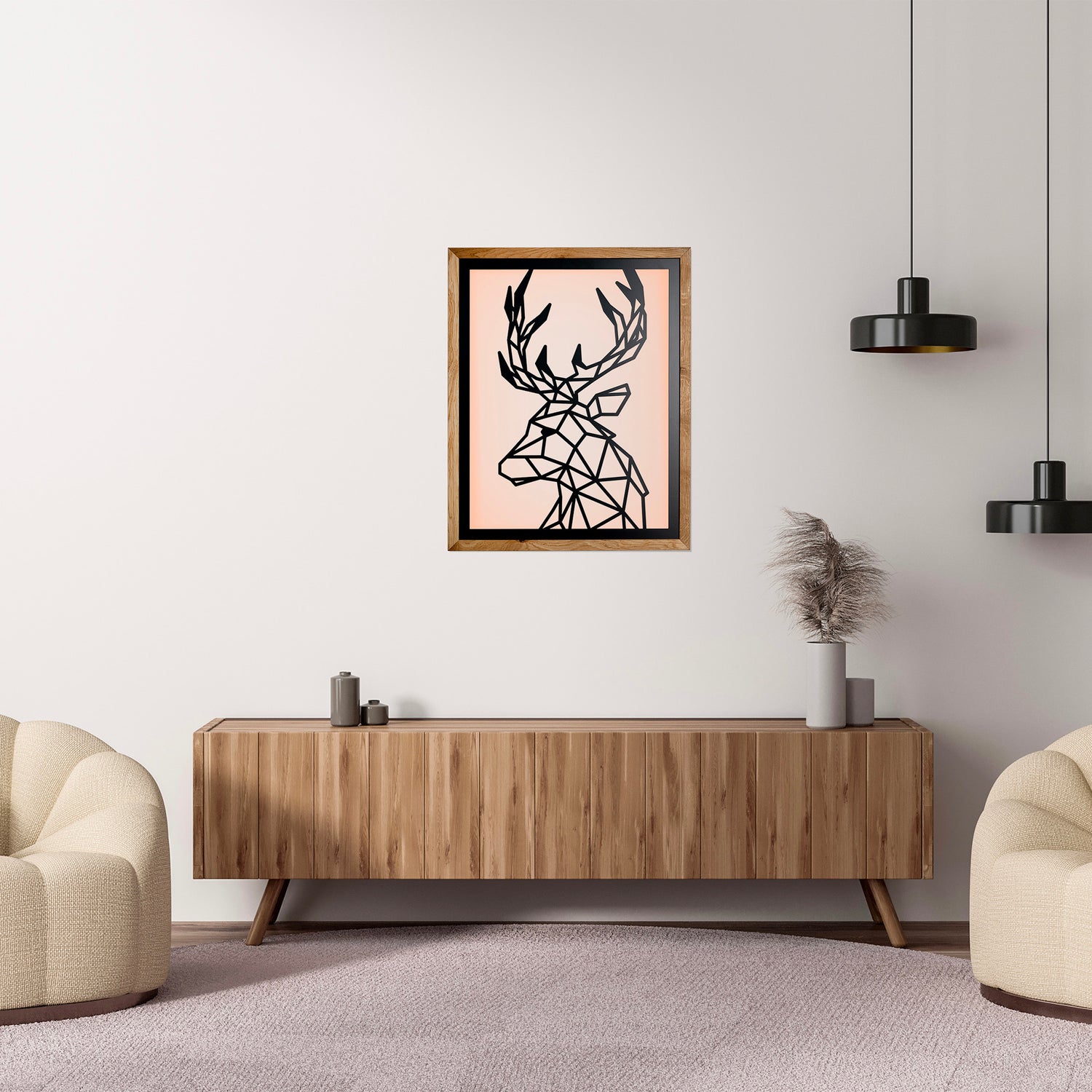 Prismis Wandbild Stahl Schwarz und Eichenholzrahmen - Hirsch - Wohnzimmer