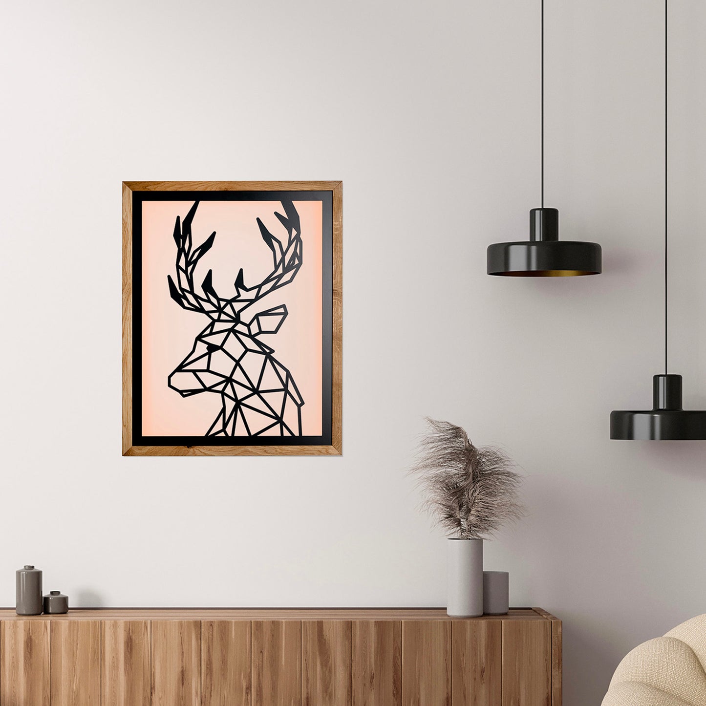 Prismis Wandbild Stahl mit Eichenholzrahmen - Hirsch - mit LED Beleuchtung