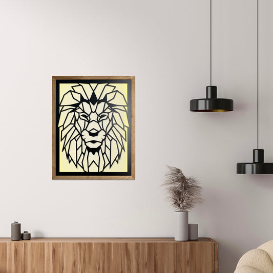 Prismis Wandbild Stahl mit Eichenholzrahmen - Löwe - mit LED Beleuchtung