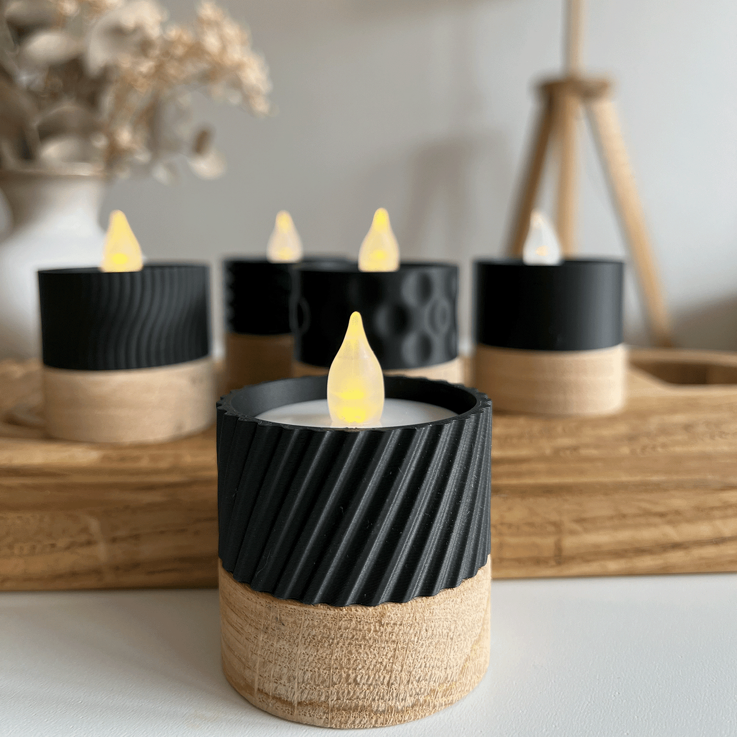 Columina "Curvy" – Design LED-Teelichthalter aus Holz und 3D-Druck