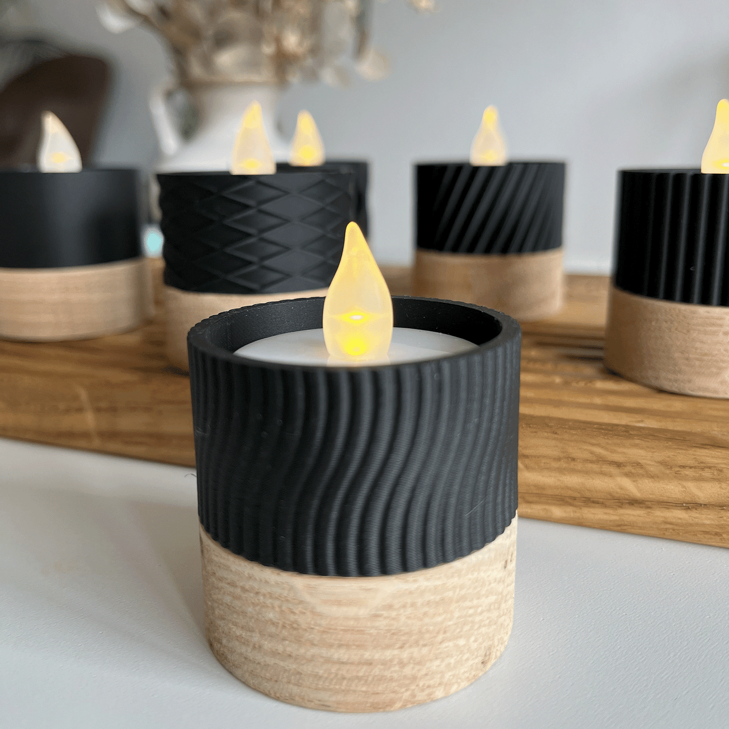Columina "Wavy" – Design LED-Teelichthalter aus Holz und 3D-Druck