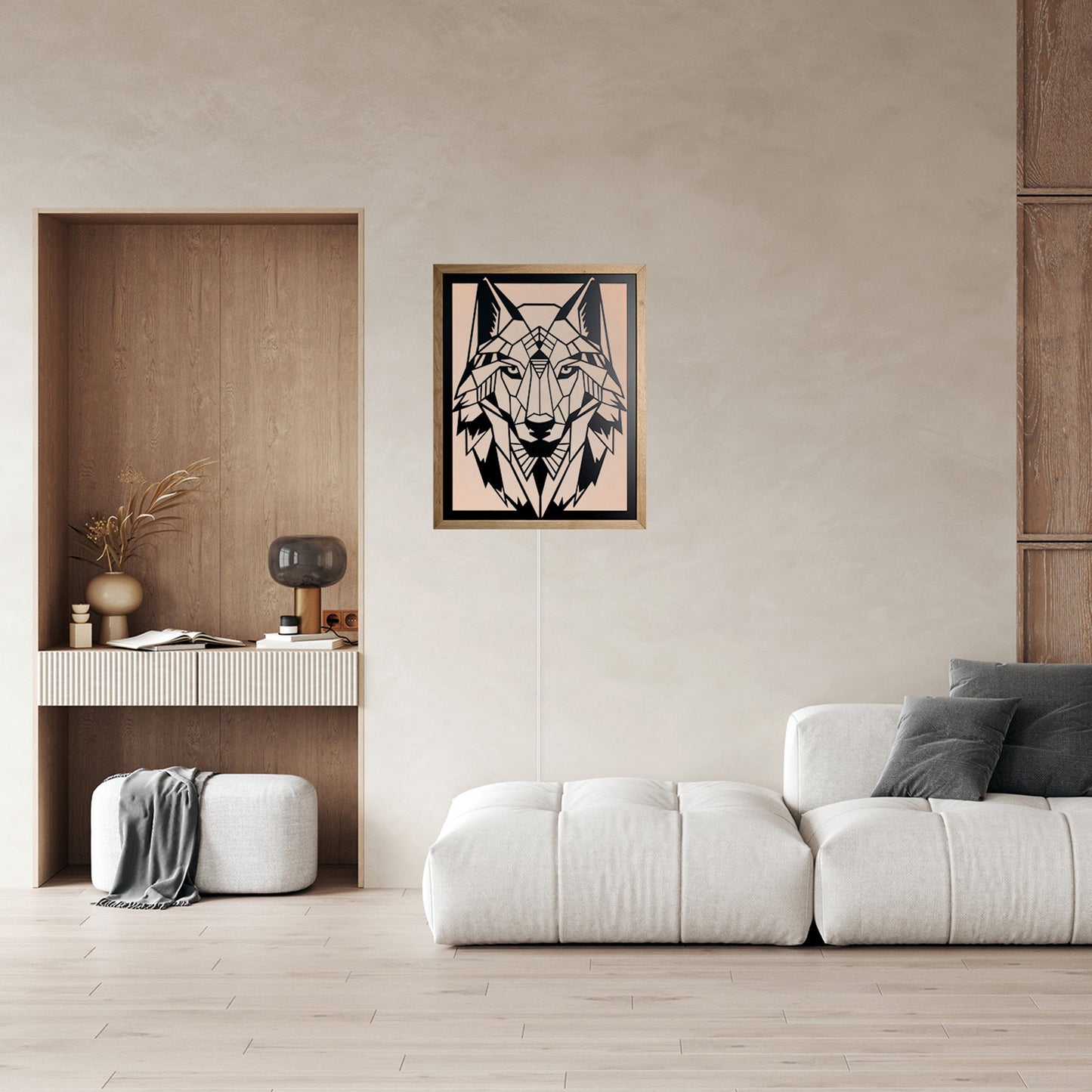 Prismis Wandbild Stahl Schwarz und Eichenholzrahmen - Wolf - Wanddeko