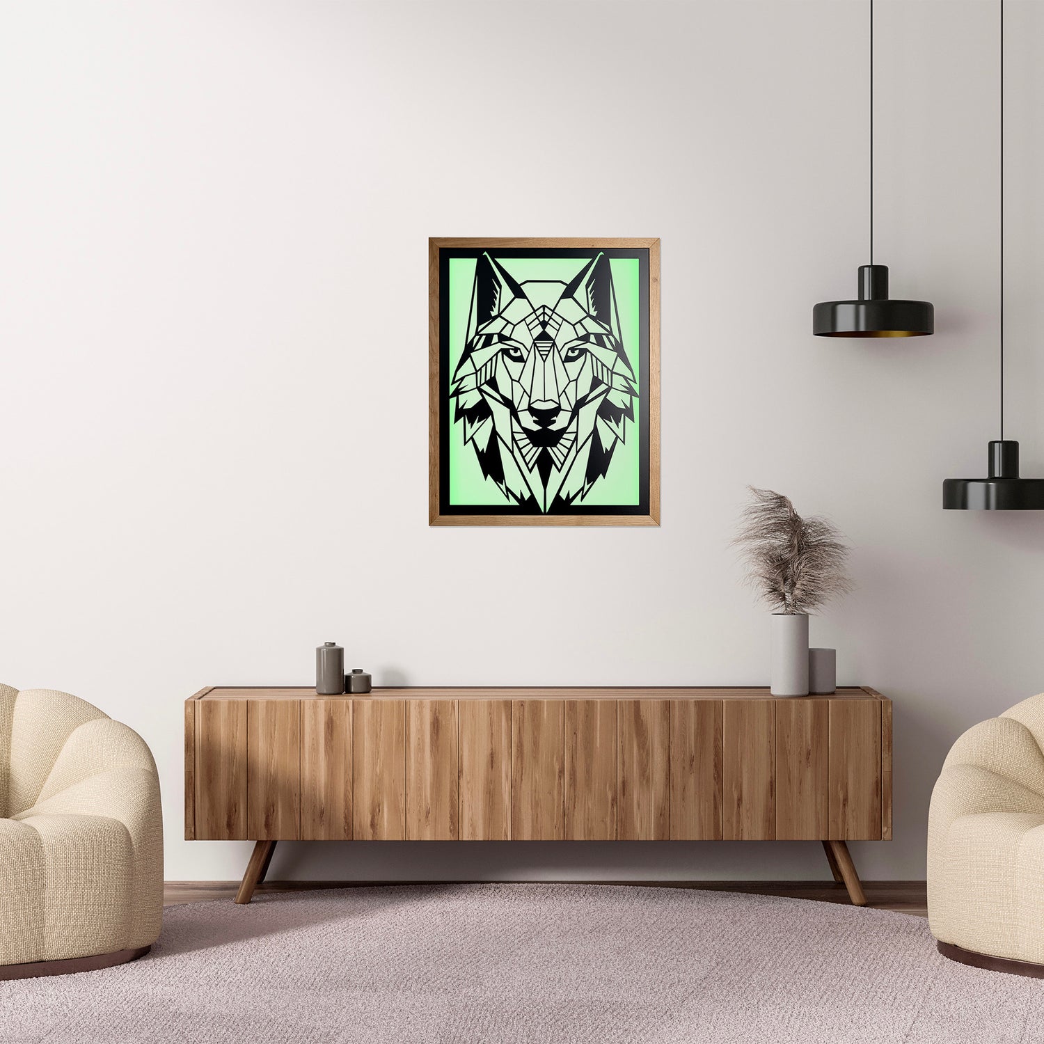 Prismis Wandbild Stahl Schwarz und Eichenholzrahmen - Wolf - Wohnzimmer