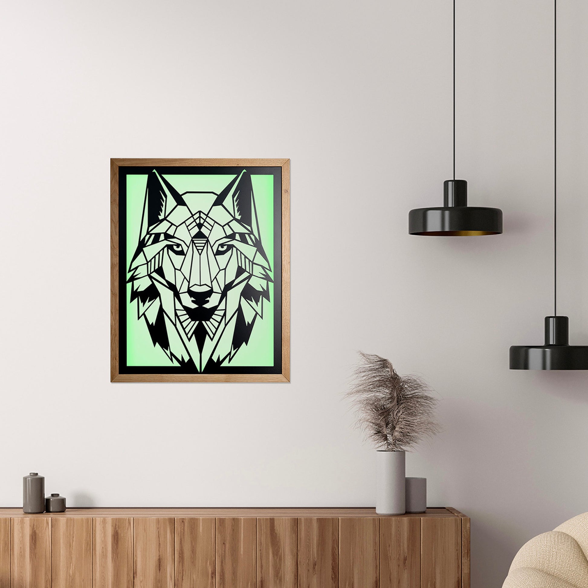 Prismis Wandbild Stahl mit Eichenholzrahmen - Wolf - mit LED Beleuchtung