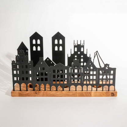 Münster Skyline Teelichthalter - 3D Stadtsilhouette aus Holz & Metall