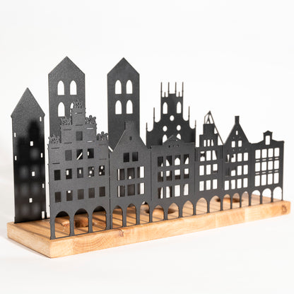 Münster Skyline Teelichthalter - 3D Stadtsilhouette aus Holz & Metall