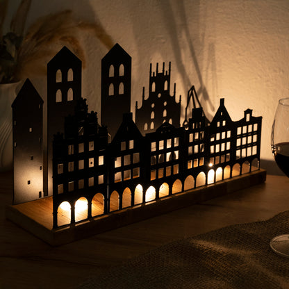 Münster Skyline Teelichthalter - 3D Stadtsilhouette aus Holz & Metall