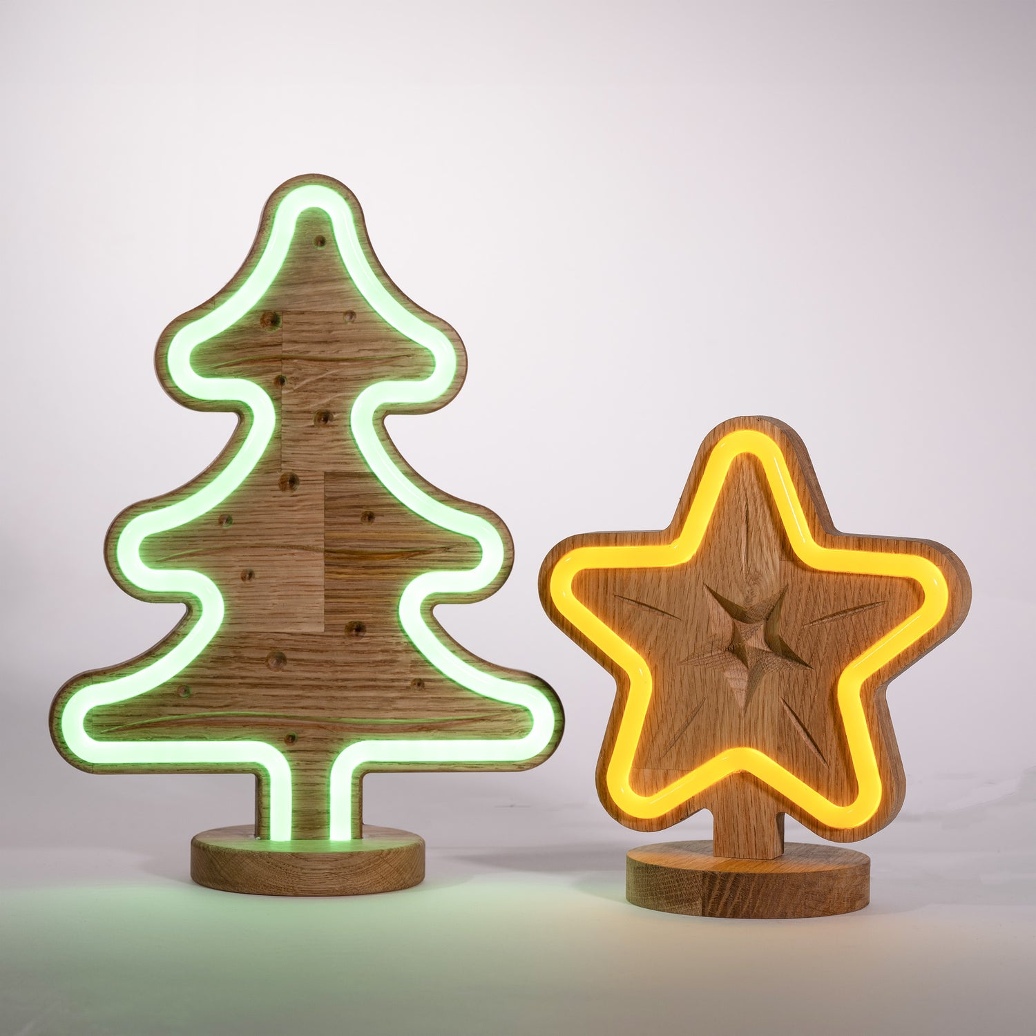 Lignulux LED Lampe aus Eichenholz - Weihnachtsduo - Tanne und Stern 