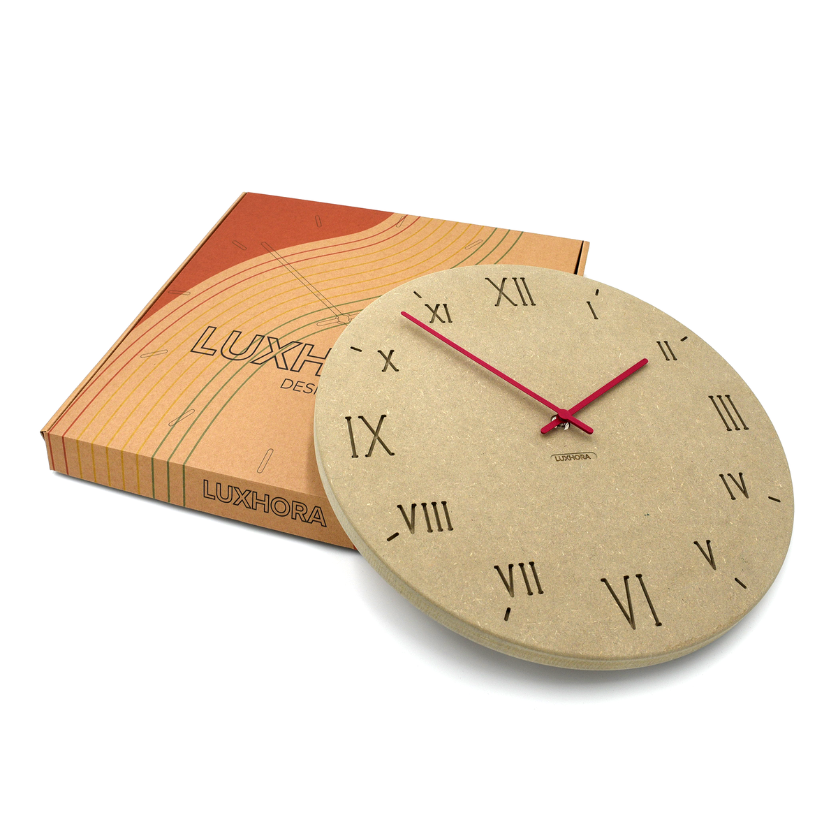 LUXHORA Romana Wanduhr in Valchromat Khaki vor ihrer Verpackung