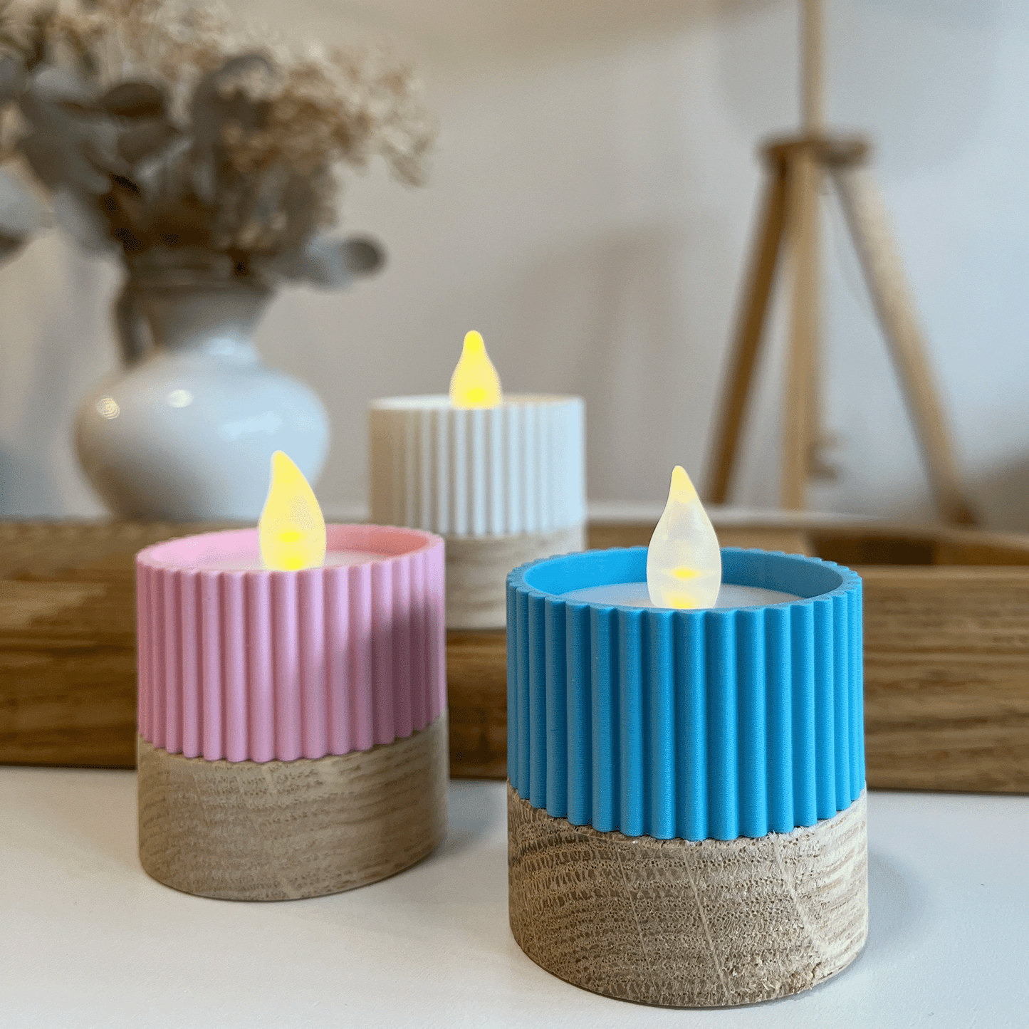 Columina "Riffled"  – Design LED-Teelichthalter aus Holz und 3D-Druck