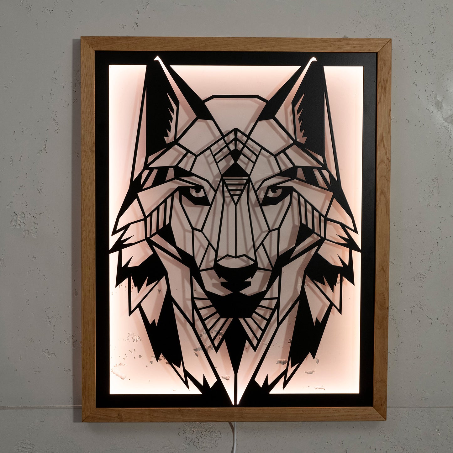 Prismis Wireframe Wolf- LED Wandkonstrukt aus Stahl und Eichenholz