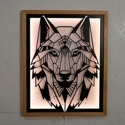 Prismis Wireframe Wolf- LED Wandkonstrukt aus Stahl und Eichenholz